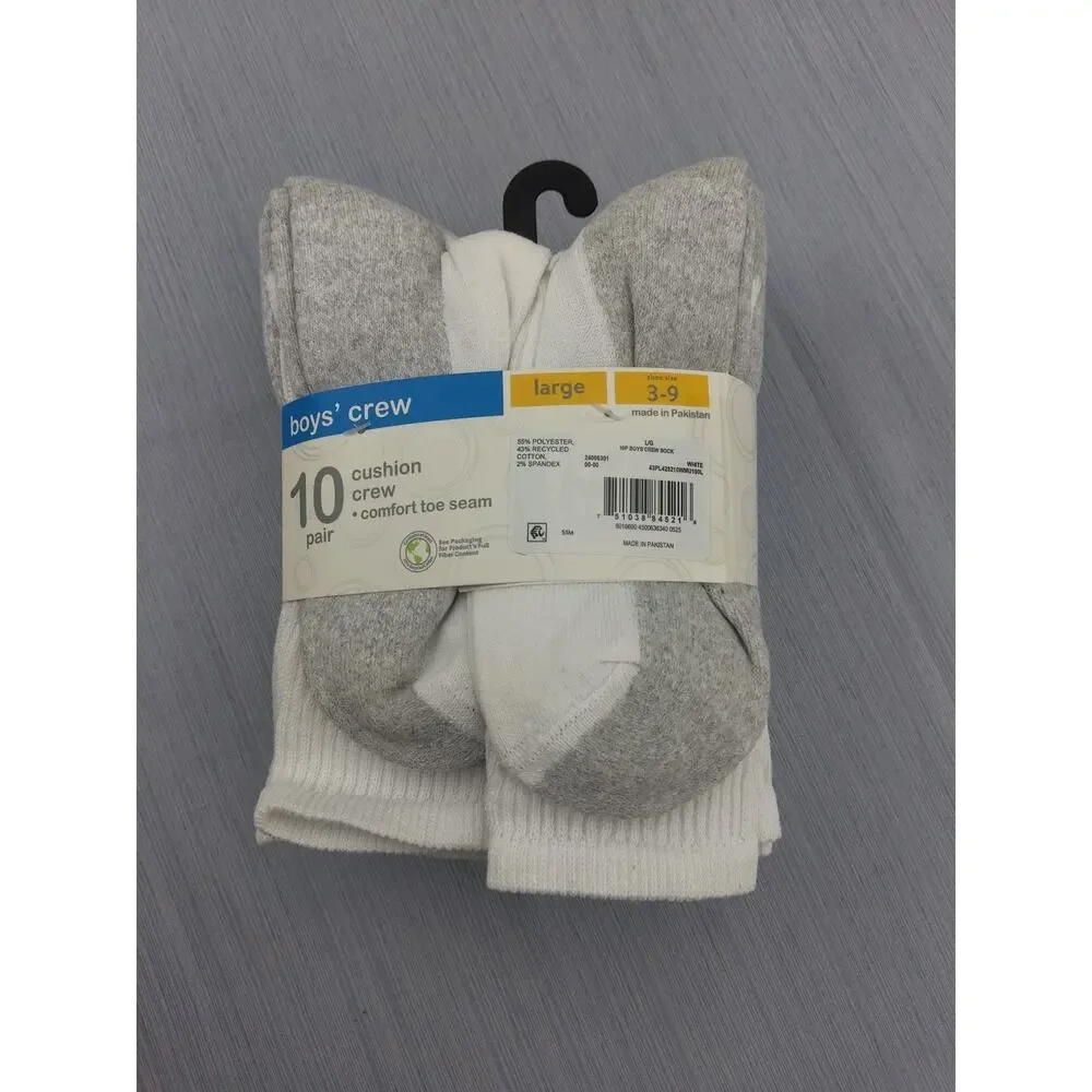 BOYS CUSHION CREW SOCKS LG 3-9 NEW WHITE 10 PAIRS Wonder Nation